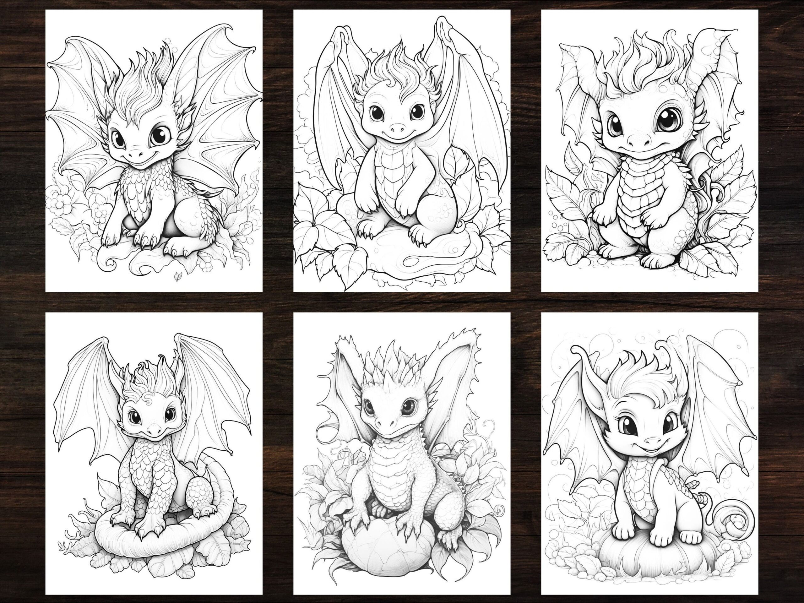 30 Baby Woodland Dragon Fantasy Coloring Page Book Adults Kids Instant Download Grayscale Coloring Page Printable PDF Dragons Coloring Etsy
