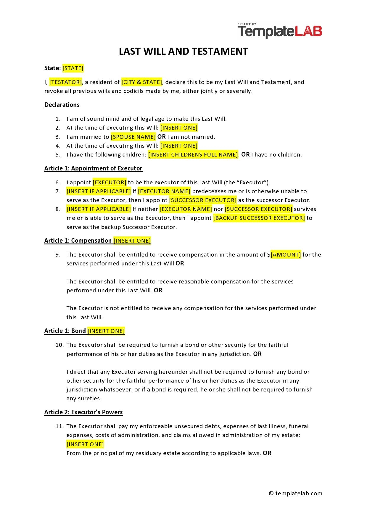 printable last will and testament