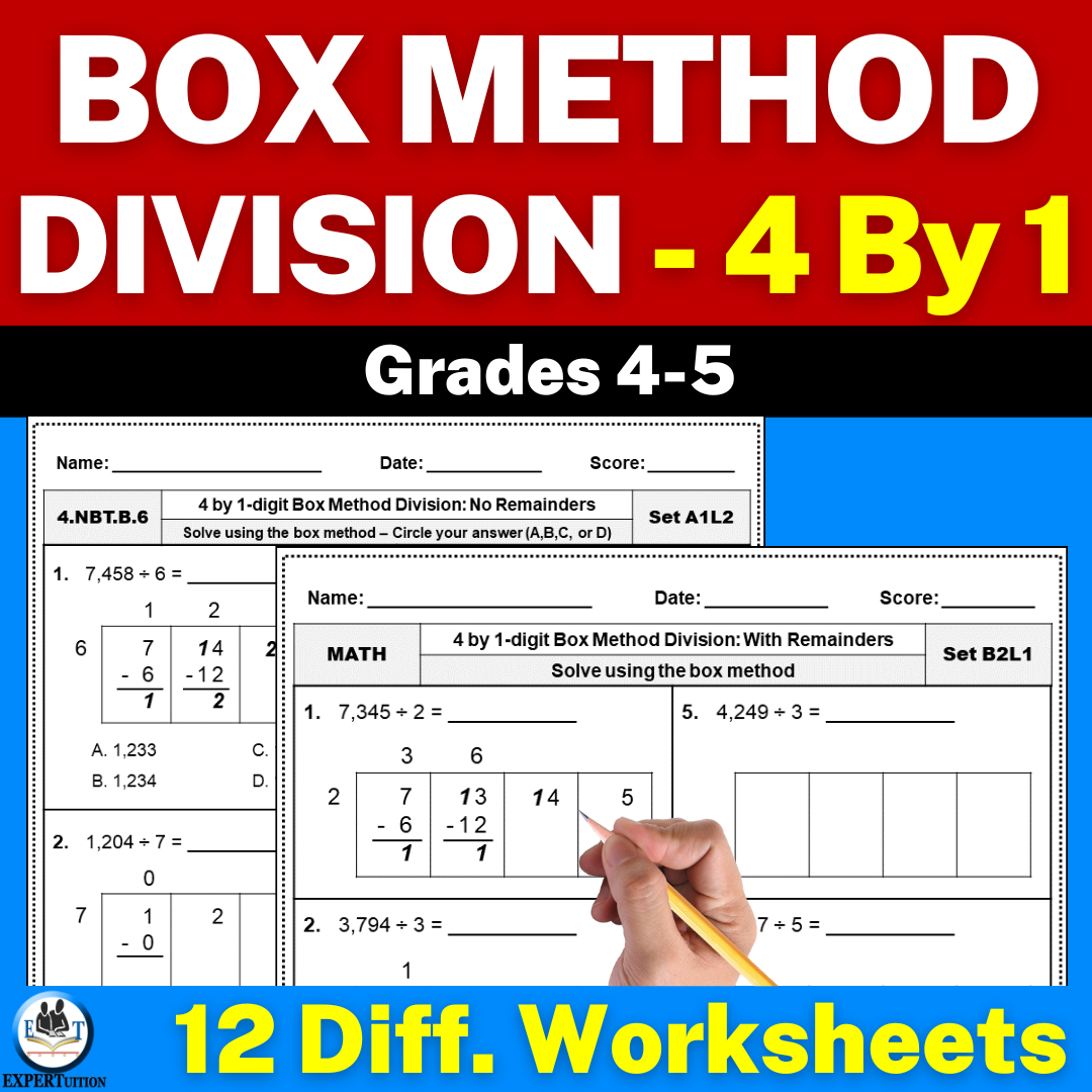 4 Digit By 1 Digit Box Method Division Worksheets 4th Grade 