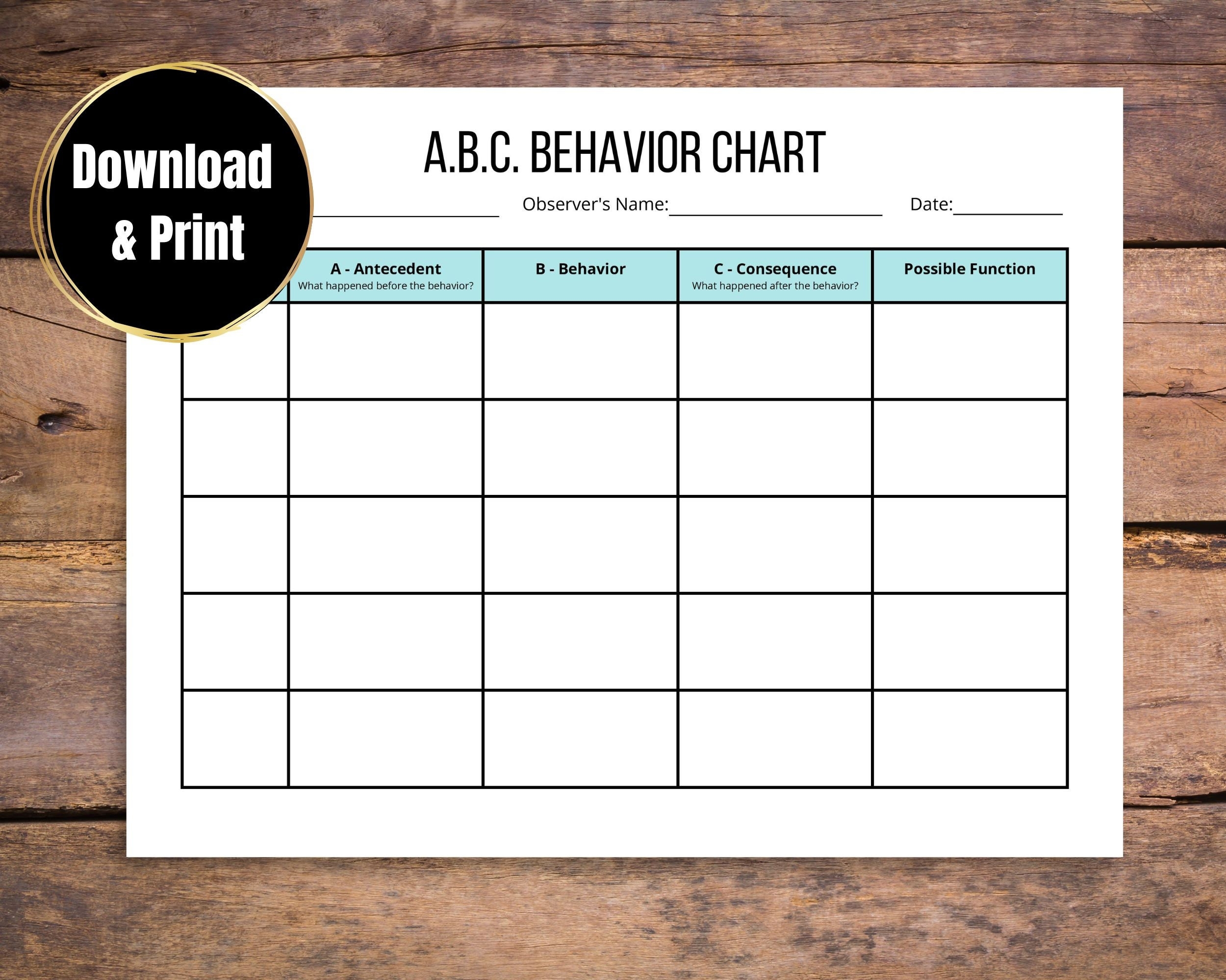ABC Behavior Chart Behavior Tracking Printable Etsy