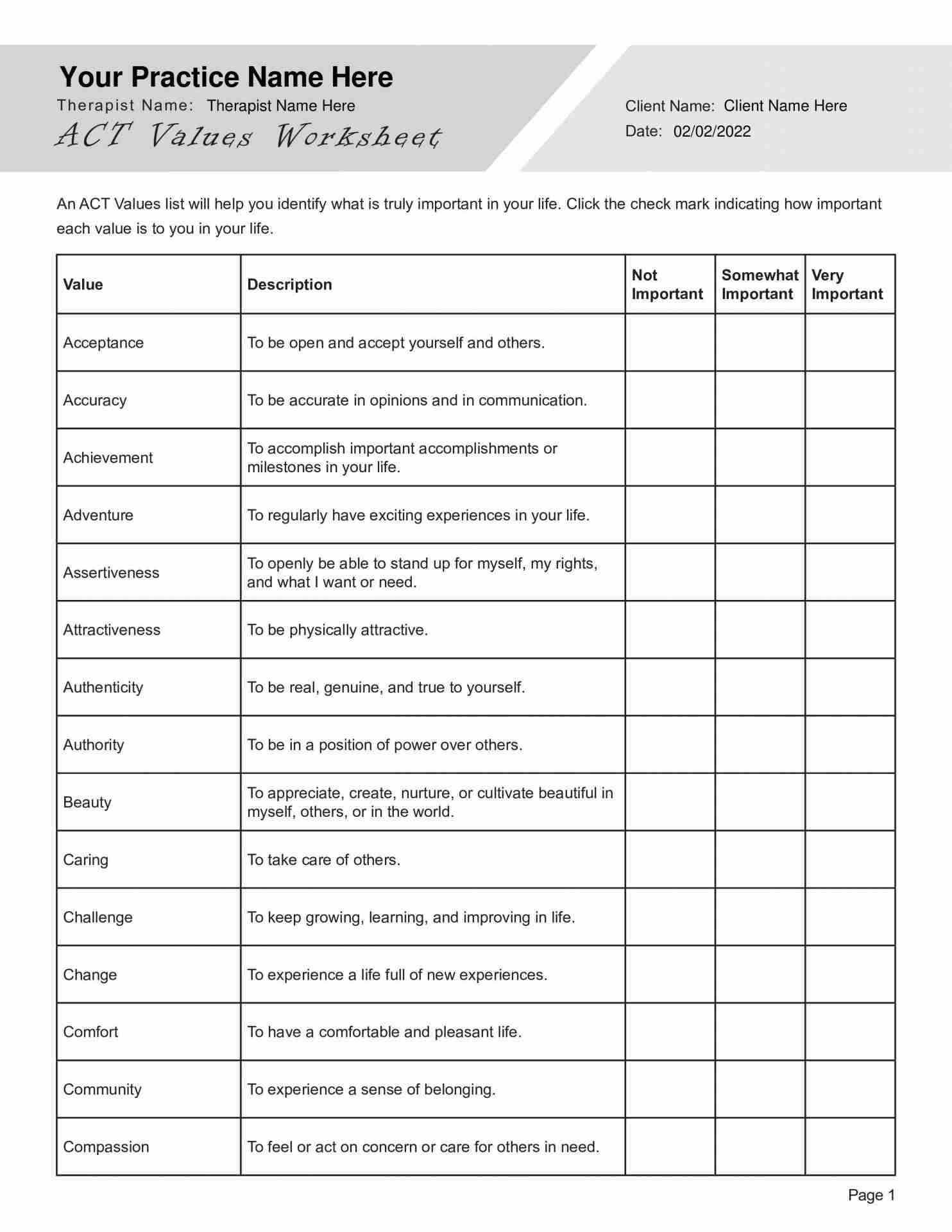 act therapy worksheets