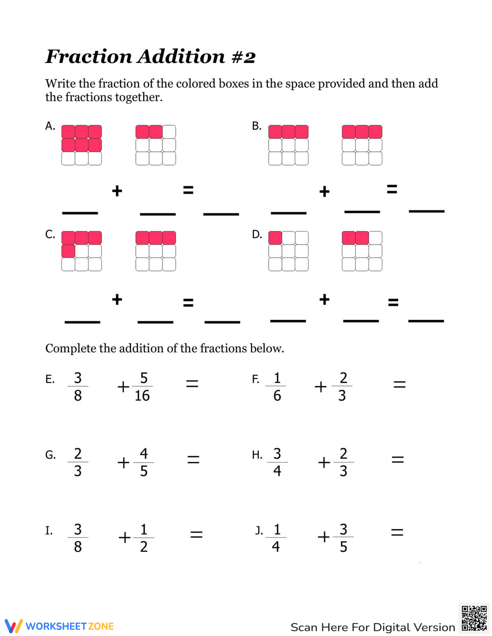 fraction addition worksheets