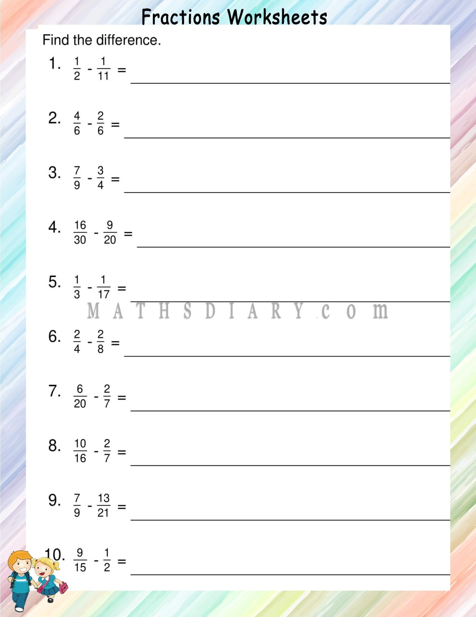 Addition And Subtraction Of Fractions Math Worksheets