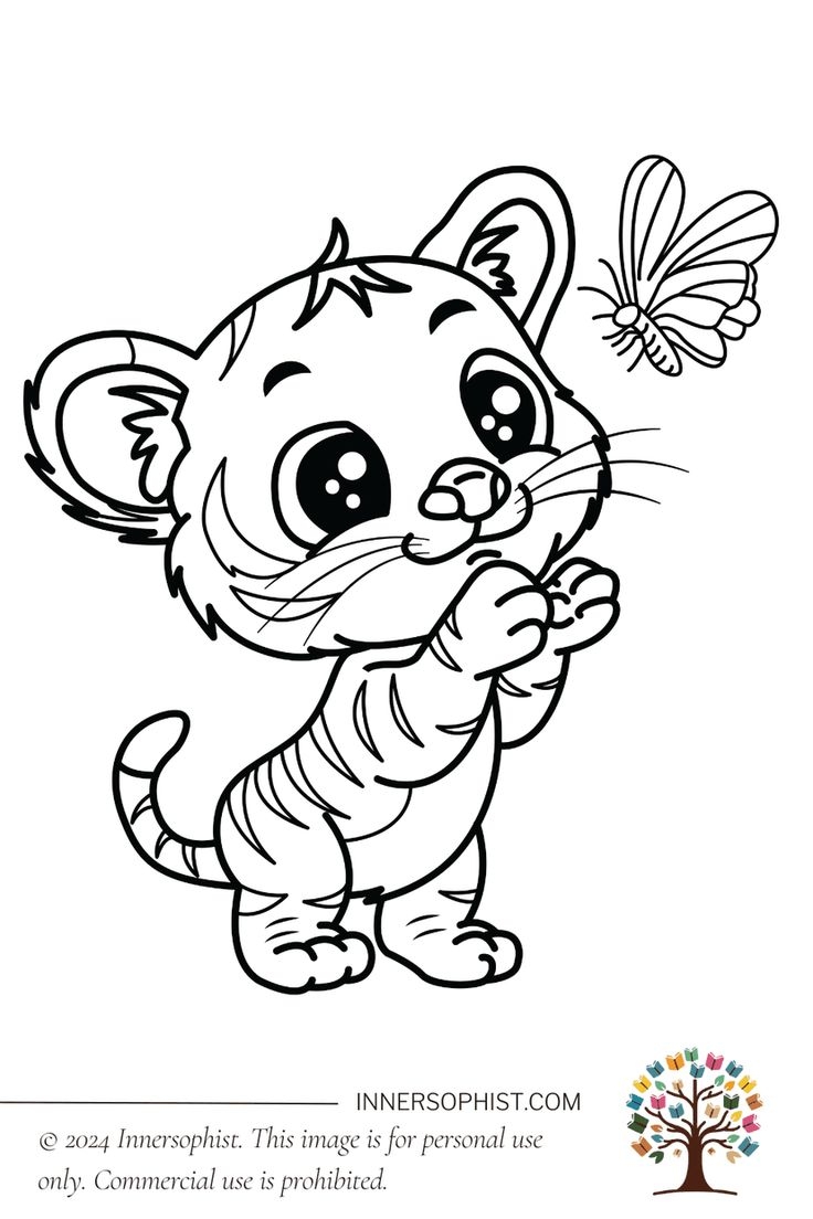 Adorable Tiger With Butterfly Coloring Page InnerSophist Coloring