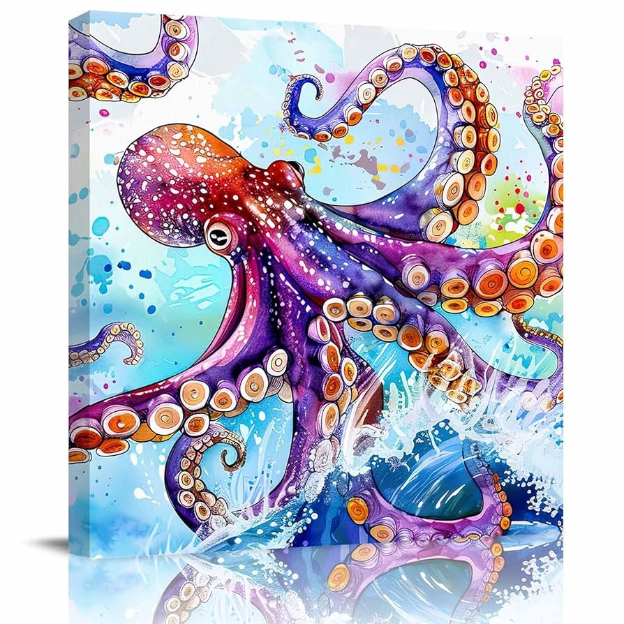 Amazon Octopus Canvas Wall Art Summer Ocean Monster Octopus Surfing Wall Decor Stretched Framed Artwork Paintings Ready To Hang For Living Room Bedroom Kitchen 16 X 16 Posters Prints