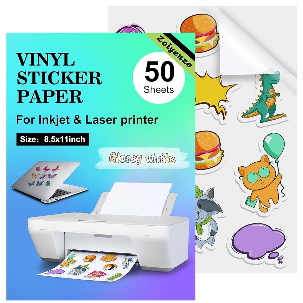Amazon Printable Vinyl Sticker Paper For Inkjet Printer 50 Sheets A4 Glossy White StickerPaper Waterproof Vinyl Sticker Paper For Laser Printer DIY Stickers Office Products