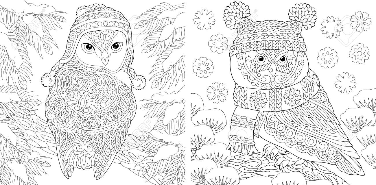 Animal Coloring Pages Cute Owls In Winter Hats Line Art Design For Adult Or Kids Colouring Book In Zentangle Style Vector Illustration Royalty Free SVG Cliparts Vectors And Stock Illustration Image 146991218 