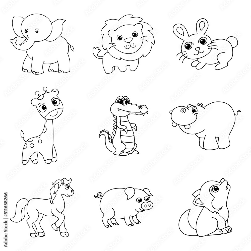 Animal Set Cartoon Coloring Page Illustration Vector For Kids Coloring Book Stock Vector Adobe Stock