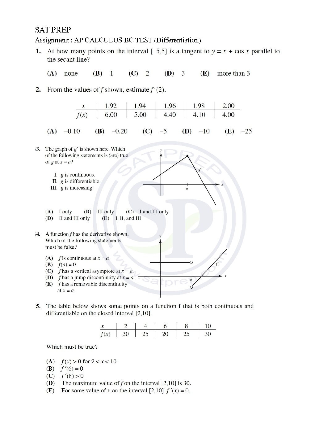 AP Calculus AB U0026 BC Test 3 Differentiation SAT PREP Worksheets Library