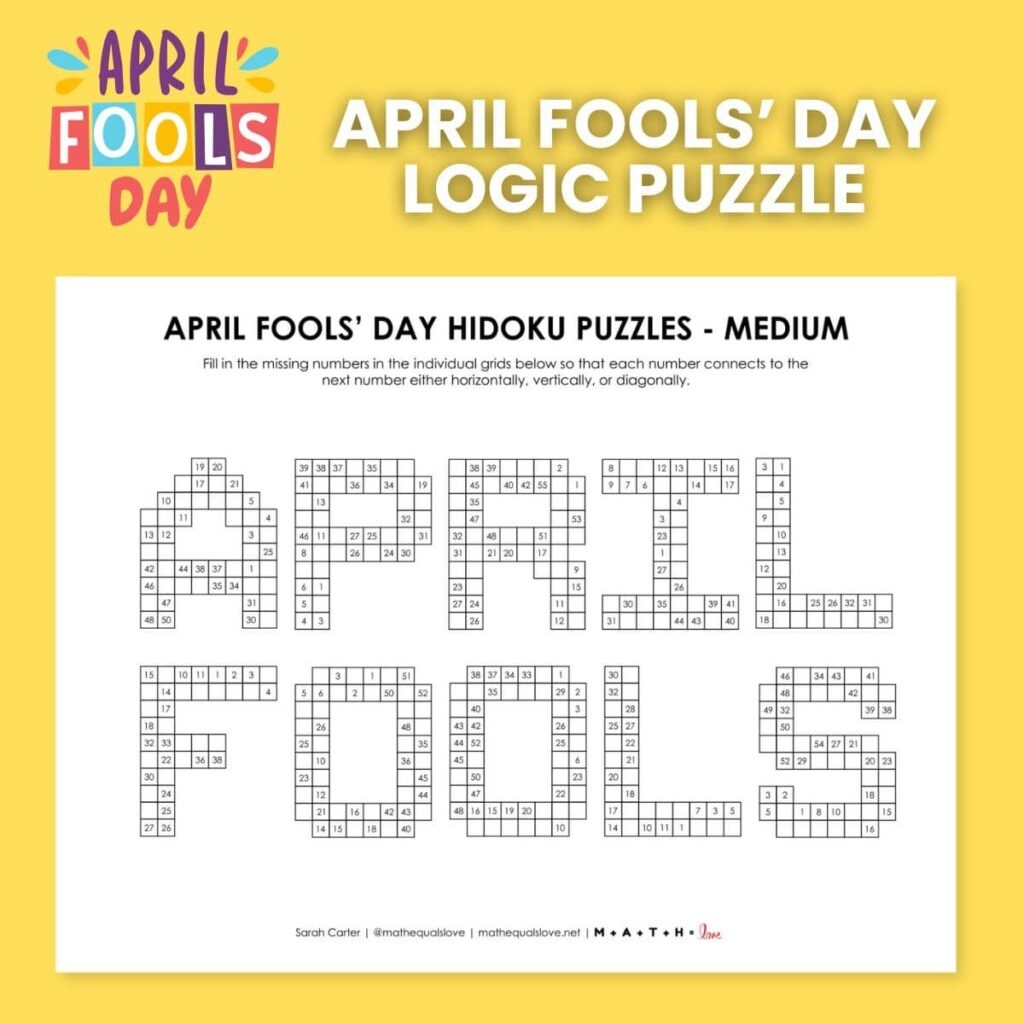 April Fools Day Hidoku Logic Puzzles Math U003d Love