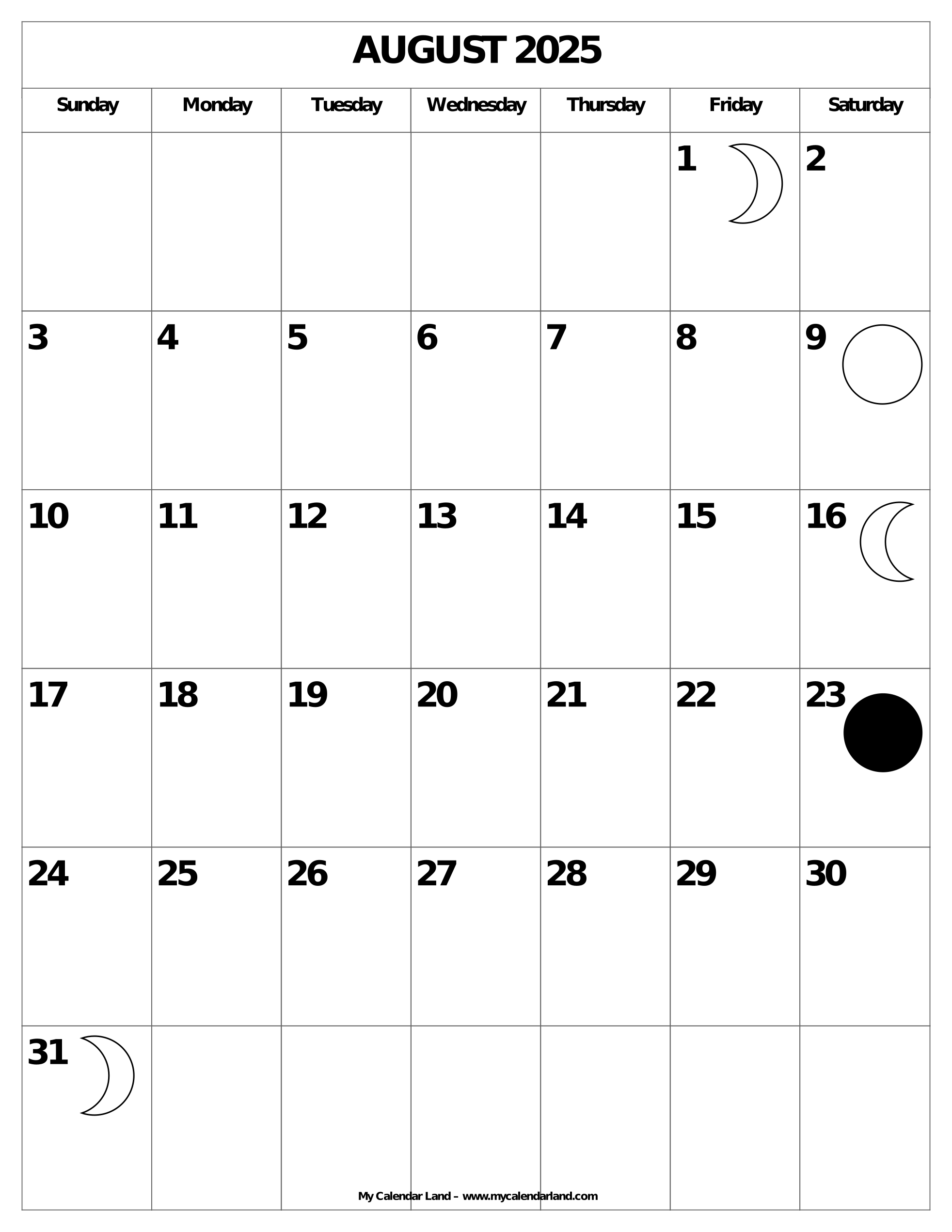 August 2025 Calendar My Calendar Land