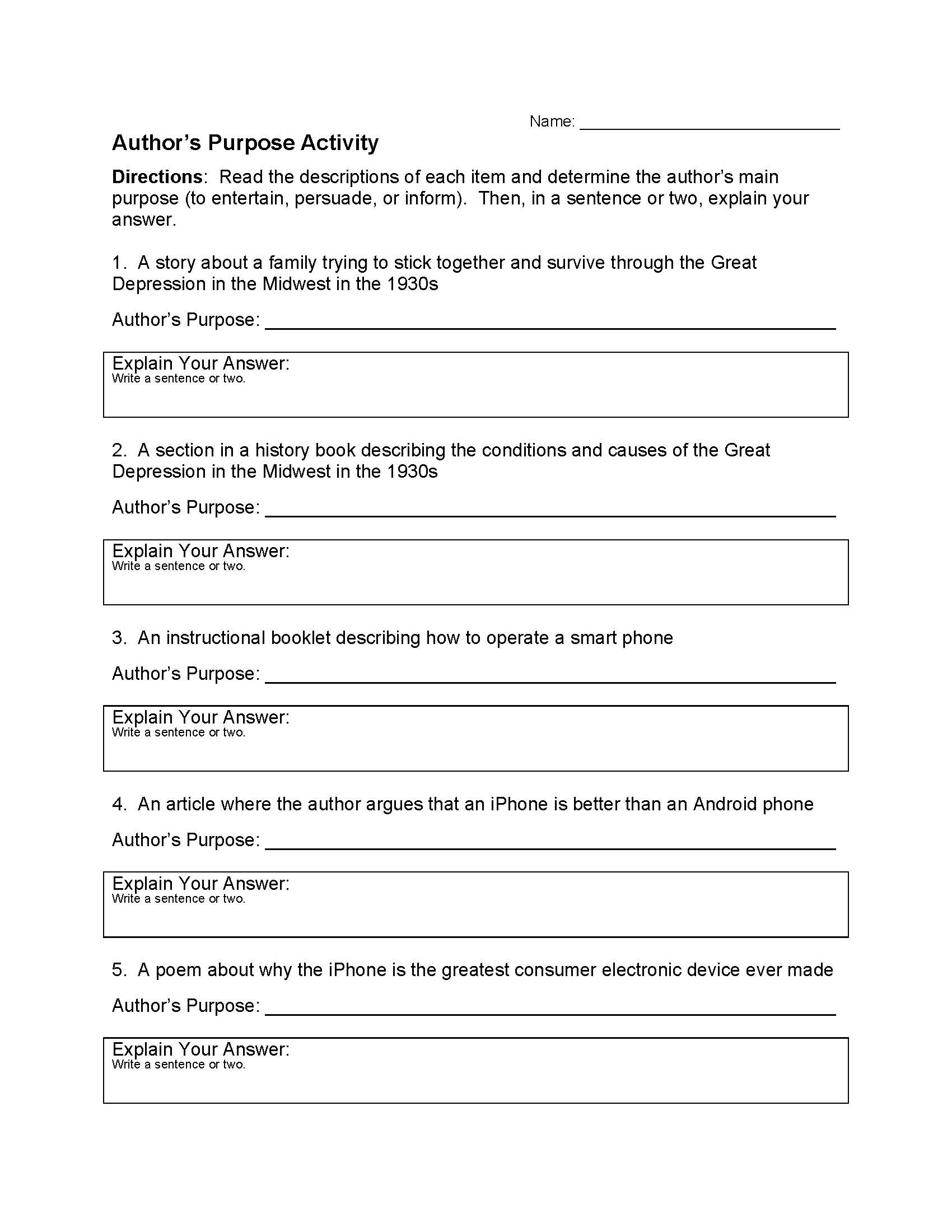 Author s Purpose Worksheets Reading Skills