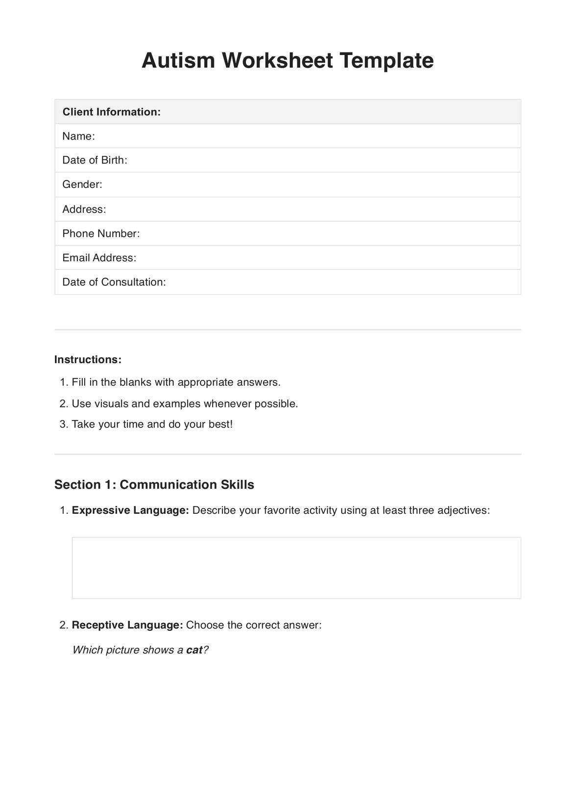 free printable autism worksheets pdf