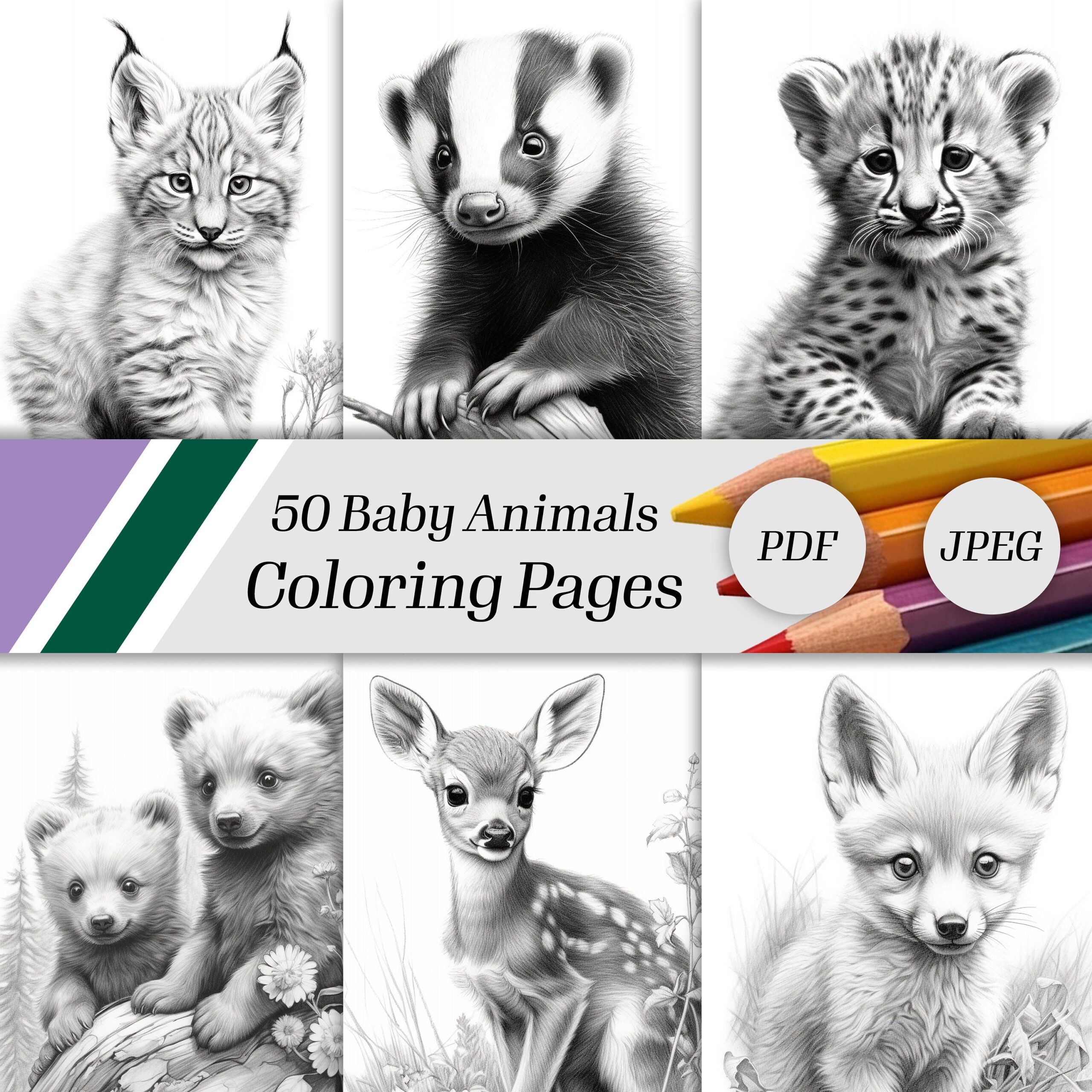 Baby Animals Coloring Pages For Adults Relaxing And Creative 50 Adults Grayscale Coloring Sheets Etsy