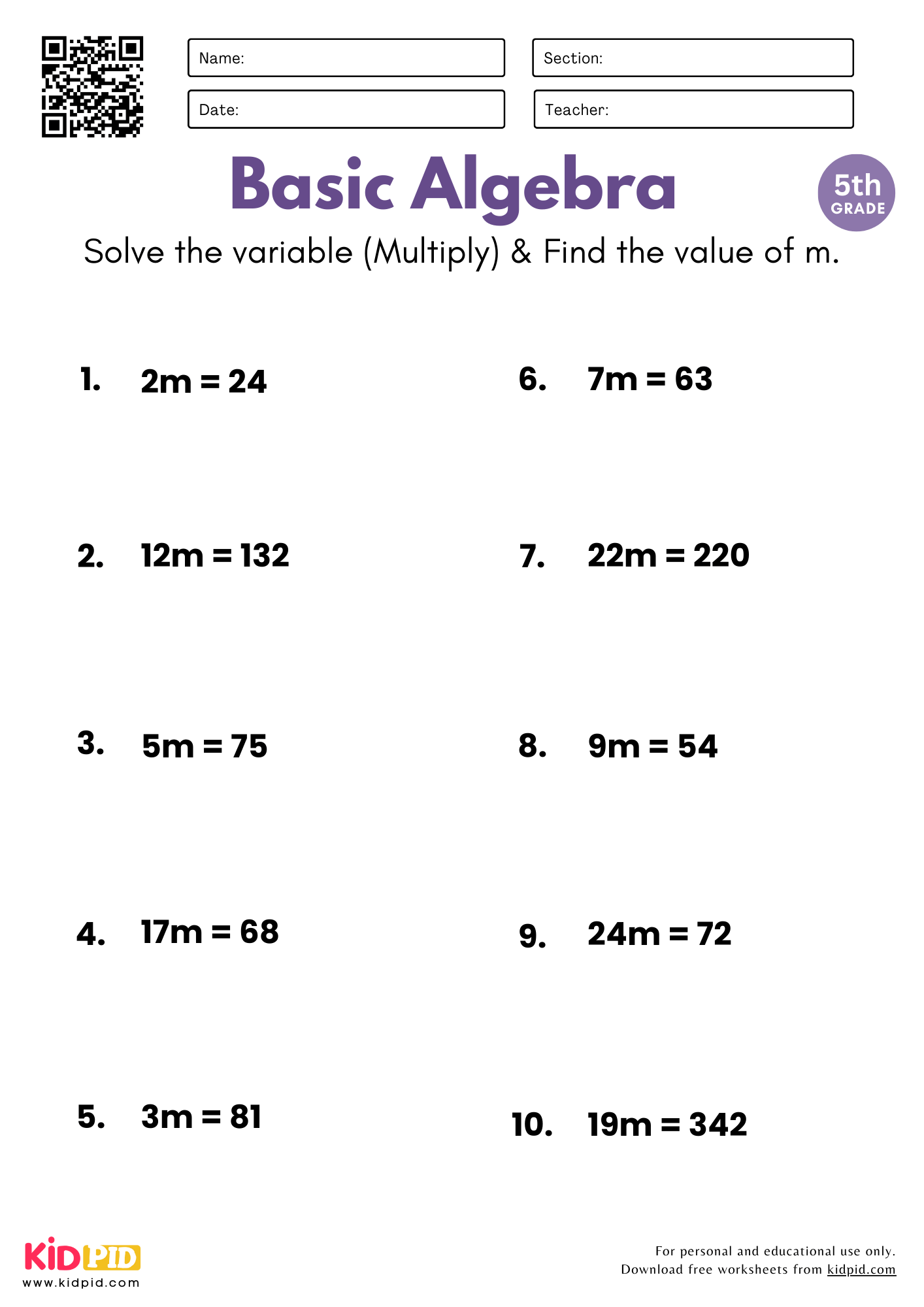 Basic Algebra By Multiply Worksheet For Grade 5 Kidpid Basic Algebra By Multiply Worksheet For Grade 5 Kidpid