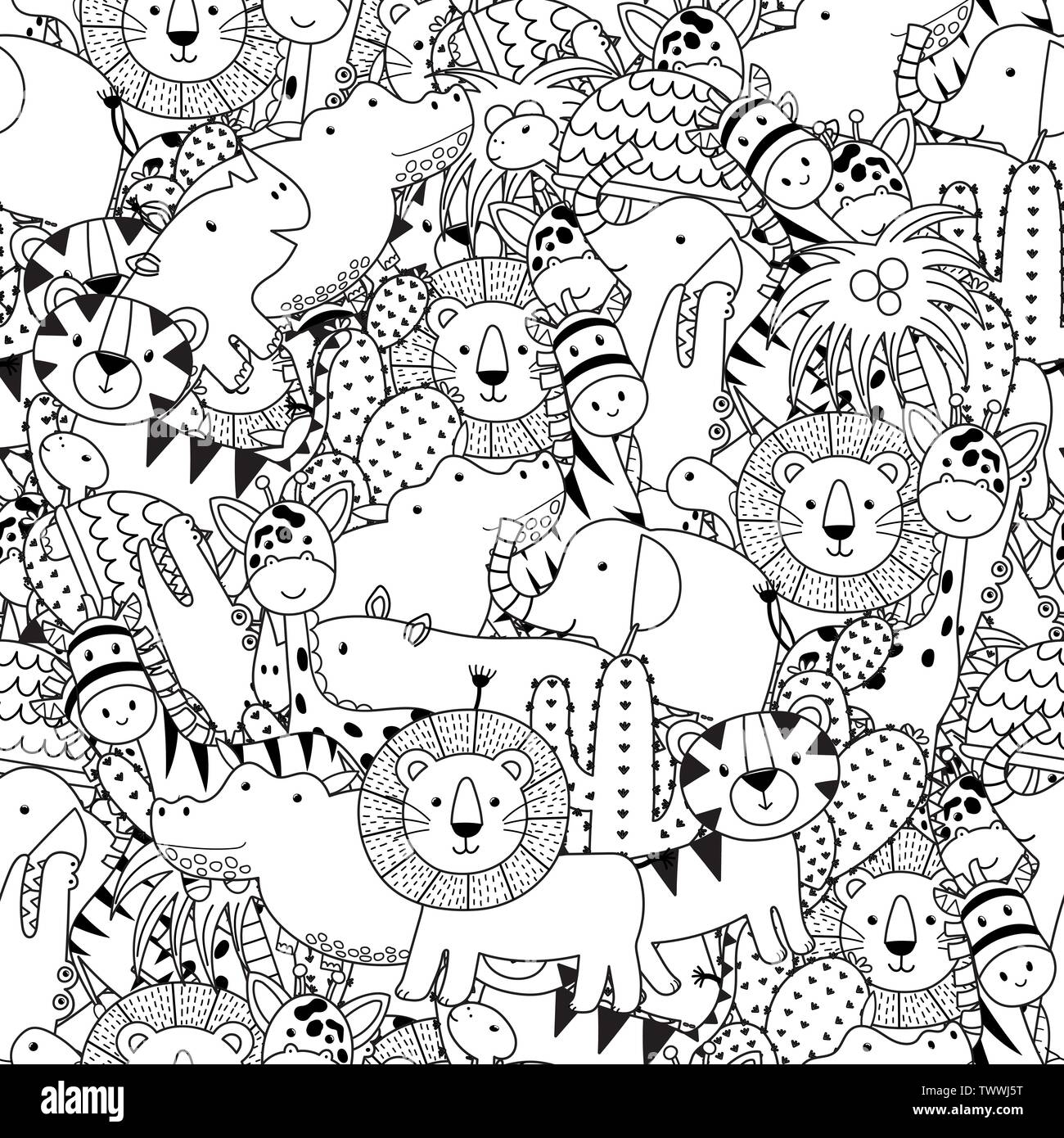 Black And White Seamless Pattern With Adorable Safari Animals Coloring Page For Adult And Kids Vector Illustration Stock Vector Image Art Alamy