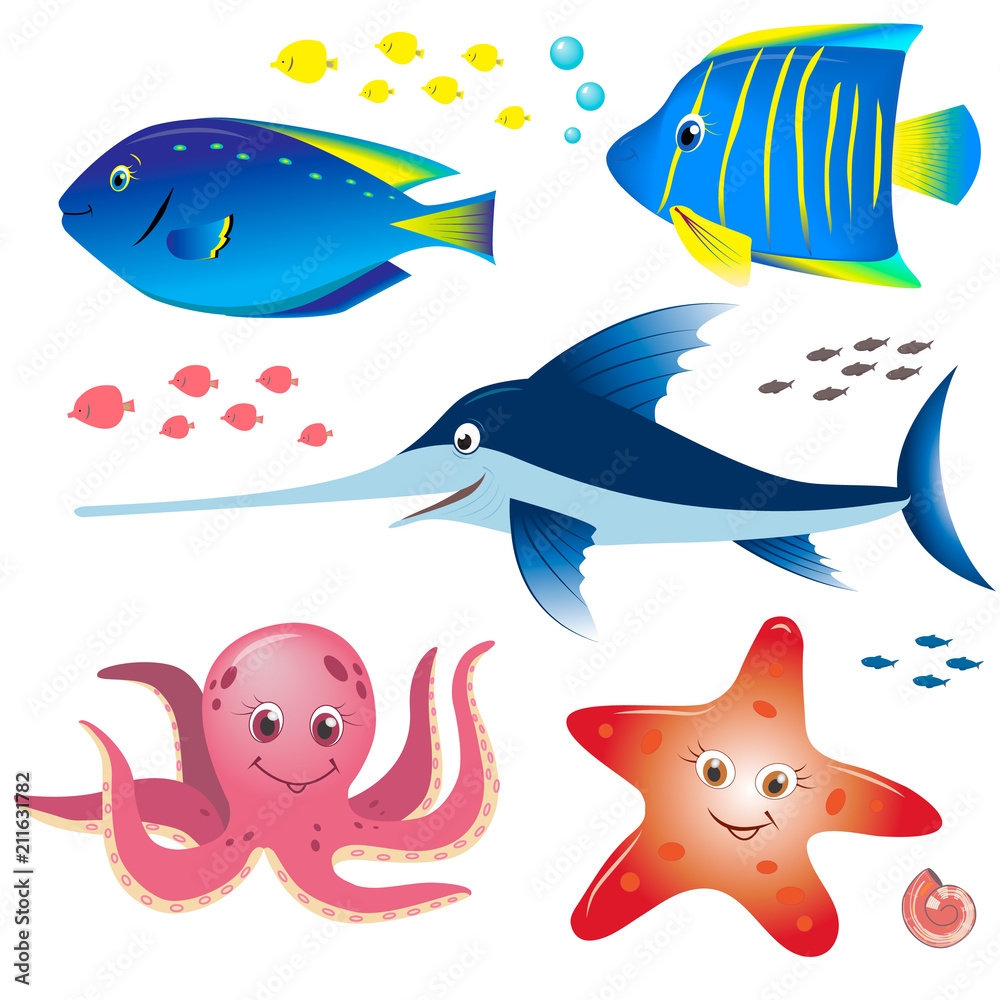 Cartoon Inhabitants Of The Sea Funny Fish Octopus Starfish And Swordfish Stock Vector Adobe Stock