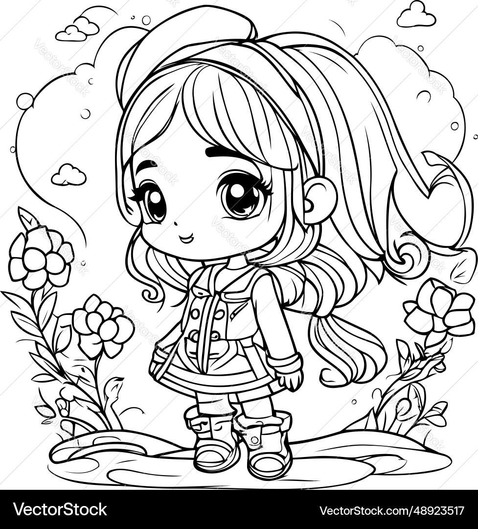 Coloring Page Outline Of A Cute Little Girl Vector Image