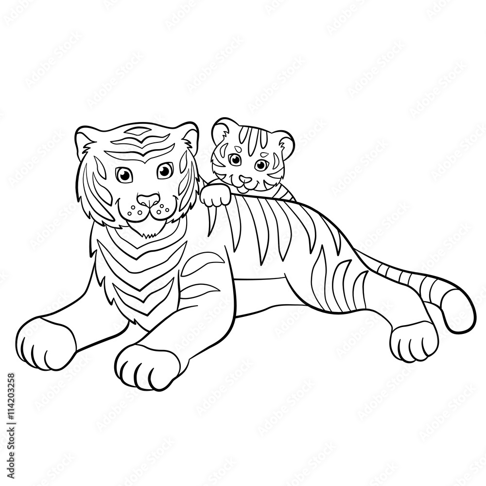 Coloring Pages Wild Animals Mother Tiger With Her Little Cute Baby Tiger Stock Vector Adobe Stock