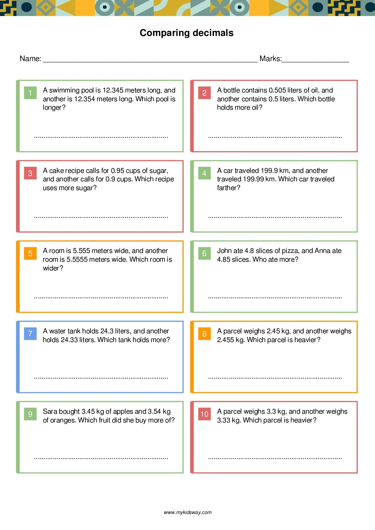 Comparing Decimals Worksheet For Grades 4 6 Download U0026 Practice