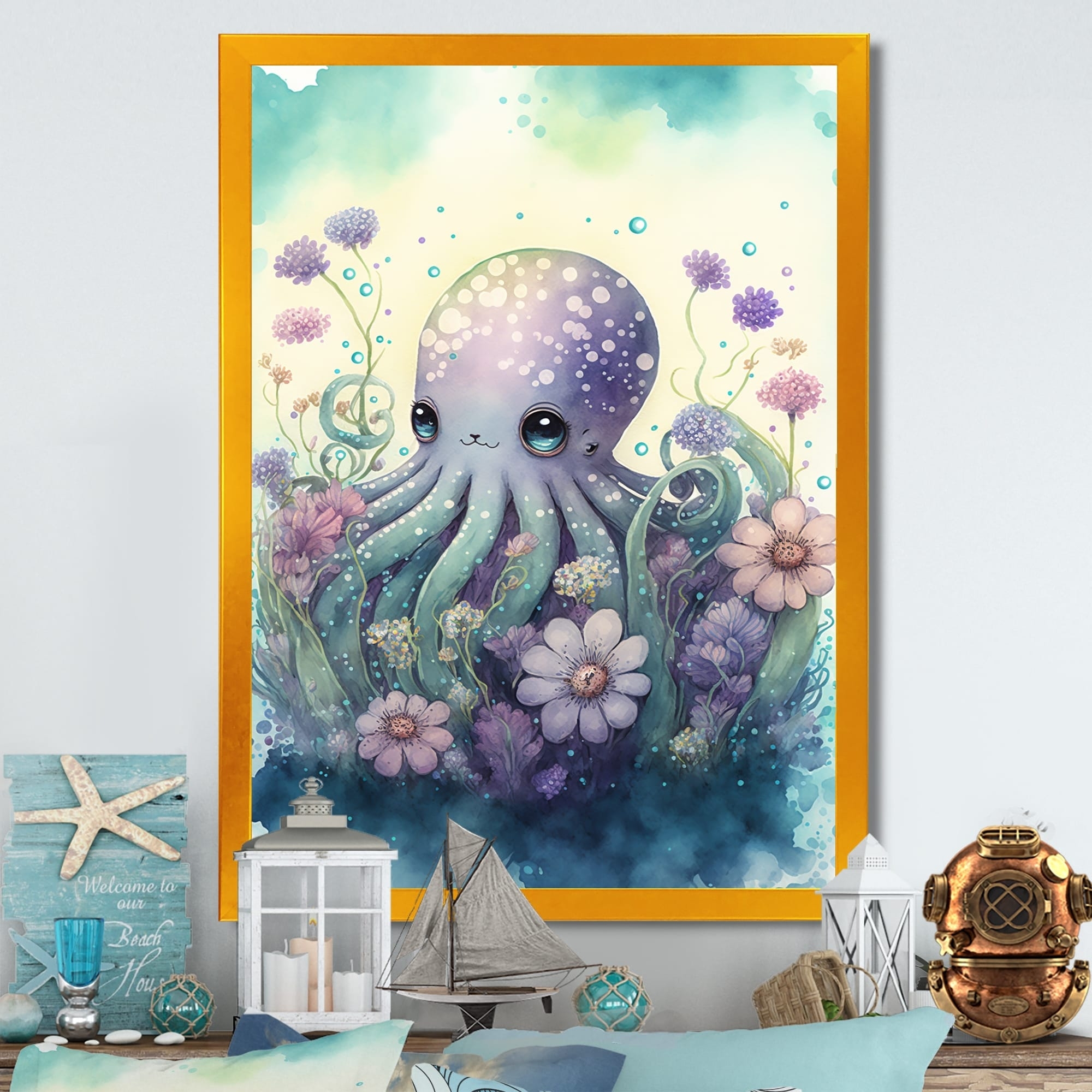 Designart Cute Little Baby Octopus Surrounded By Flowers I Animal Octopus Framed Art Print Bed Bath Beyond 37760417