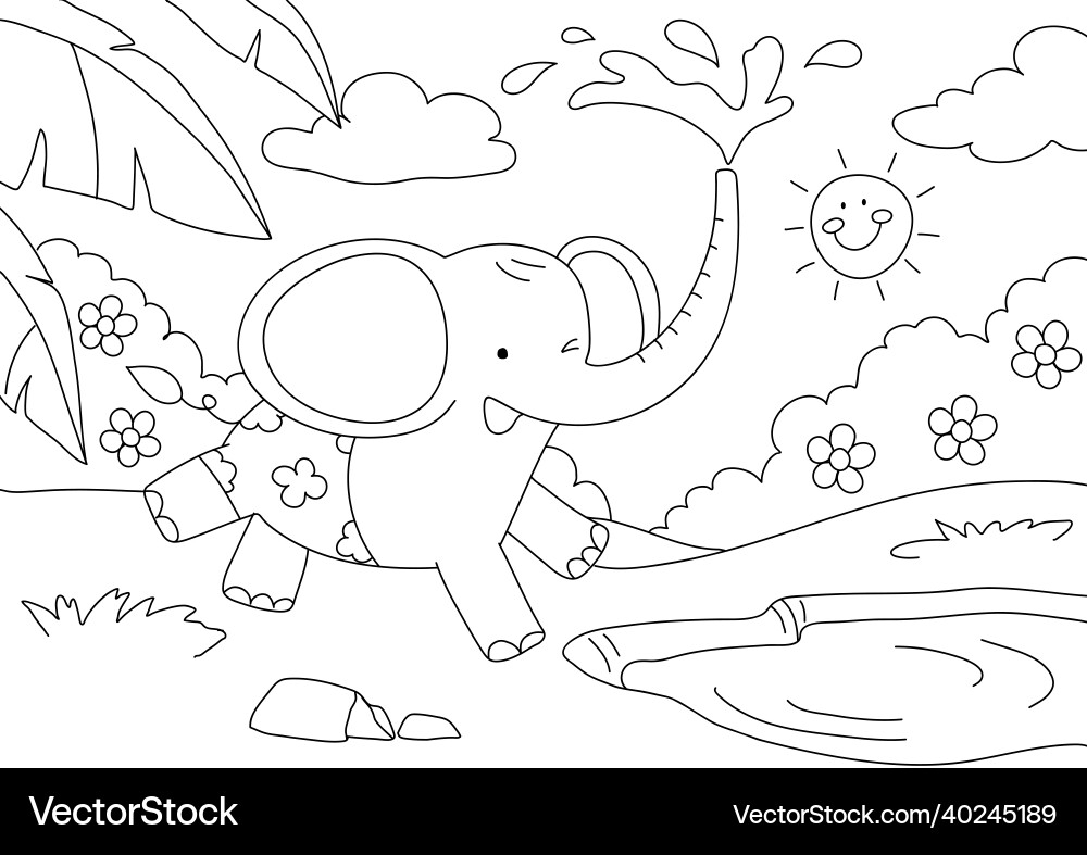 Elephant Kids Coloring Page Blank Printable Vector Image