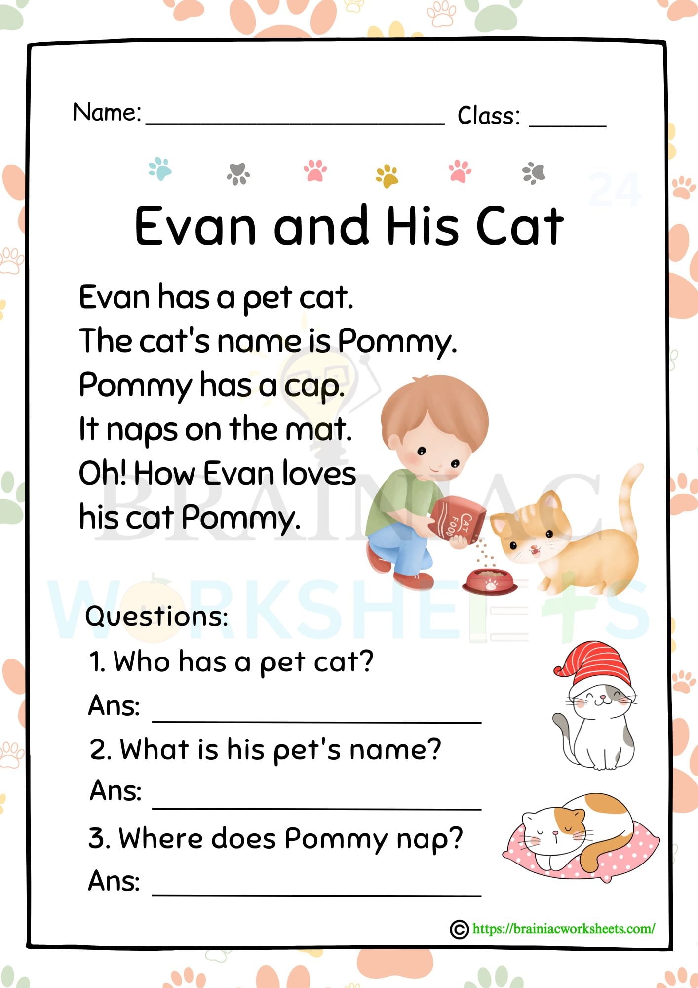 English Worksheet For Class 1 Reading Comprehension Evan And His Cat Brainiac Worksheets