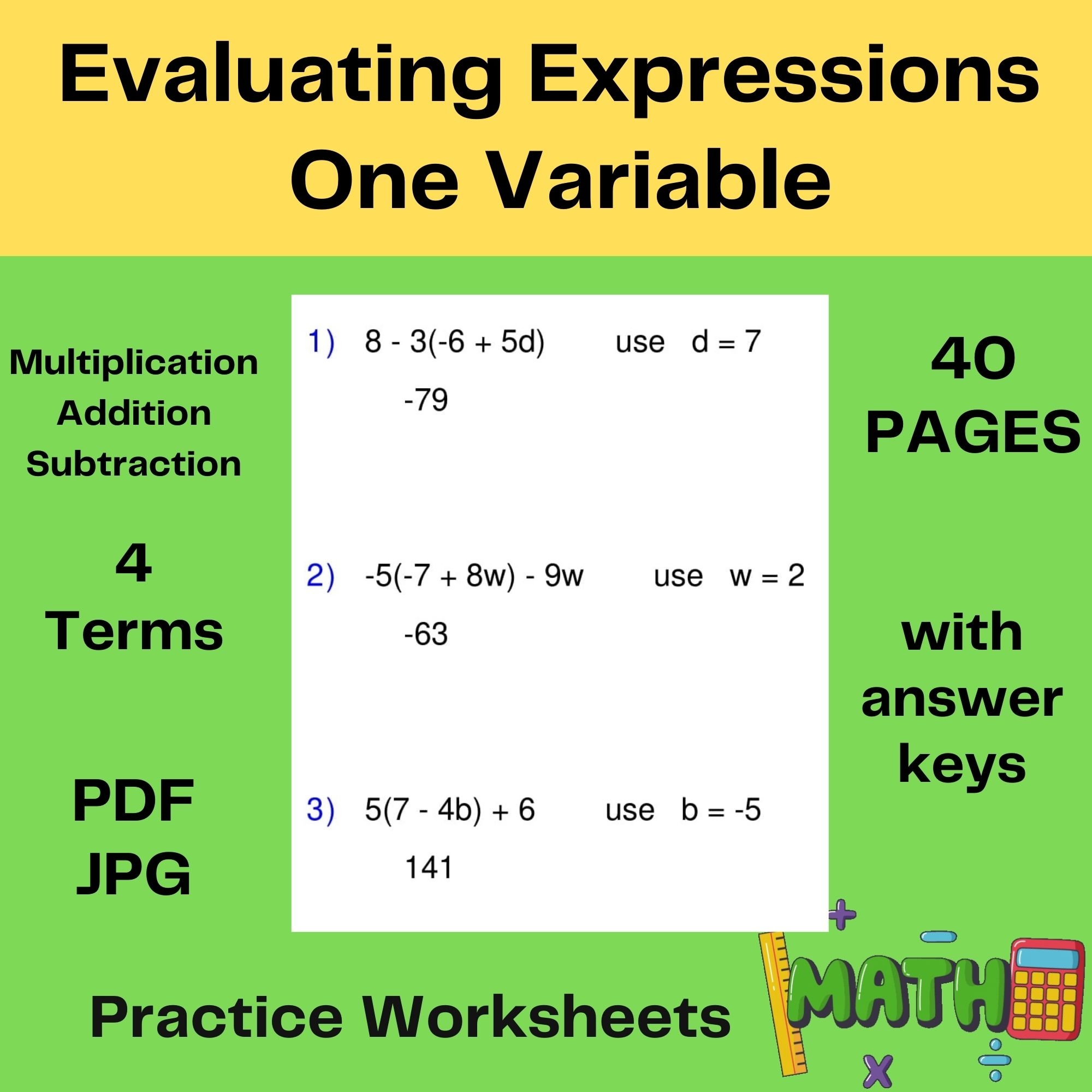 Evaluating Algebraic Expressions Worksheet One Variable Pre 