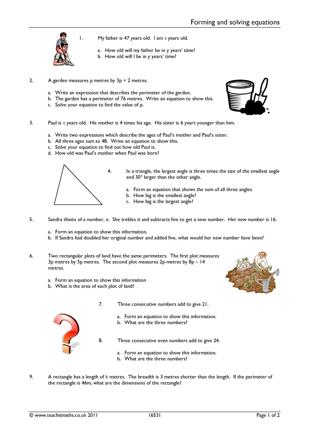 Forming And Solving Equations Worksheet KS3 4 Maths