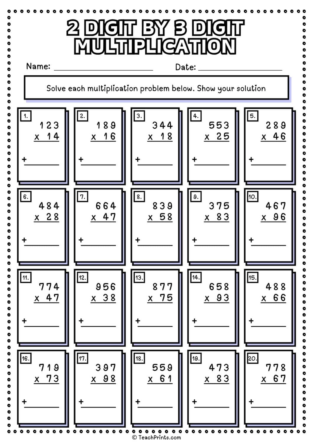 Free 2 Digit By 3 Digit Multiplication Worksheets Teach Prints
