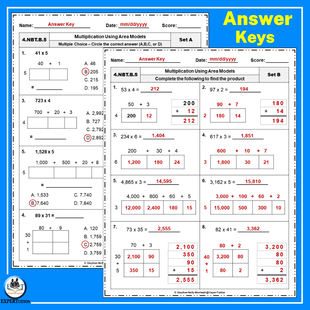 Area Model Multiplication Worksheets