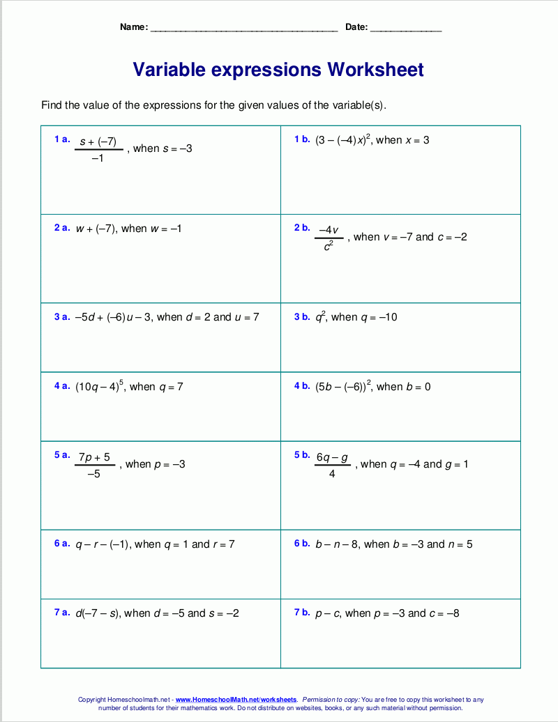 Free Worksheets For Evaluating Expressions With Variables Grades 