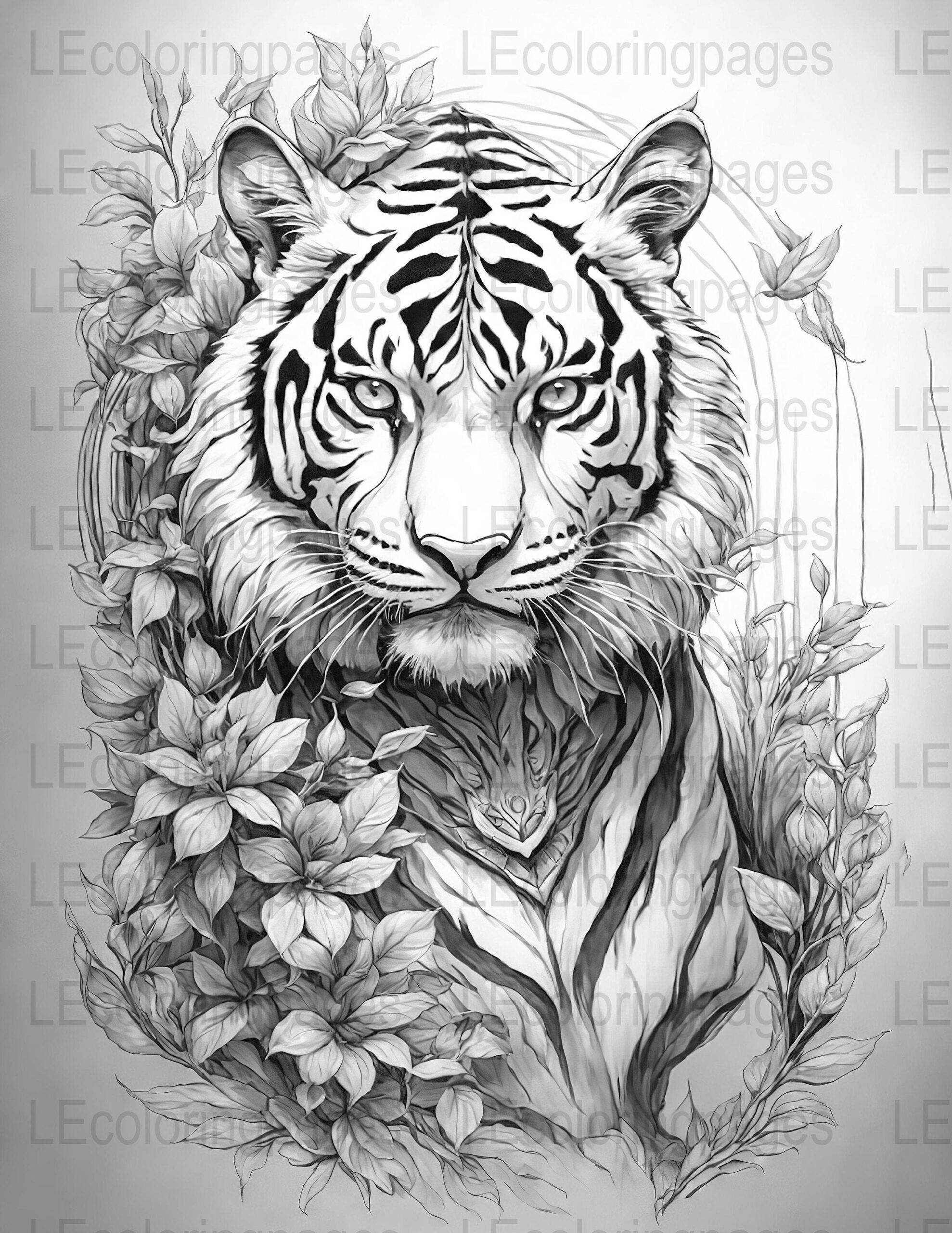 Grayscale Tiger Adult Coloring Page Printable Jungle Animal Stress Relief Art Detailed Nature Theme Floral Wildlife Illustration Etsy