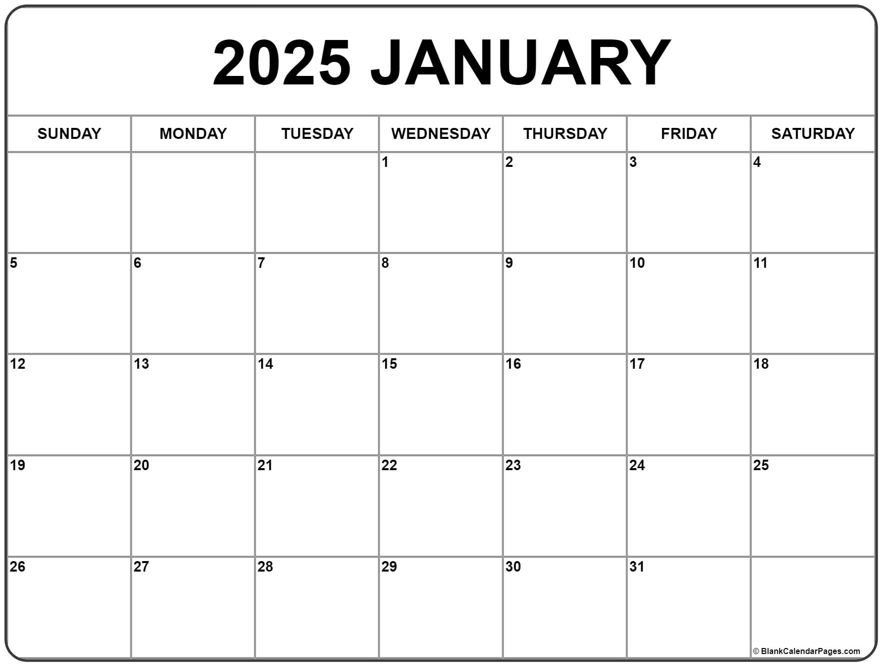 Free Printable January 2025 Calendar