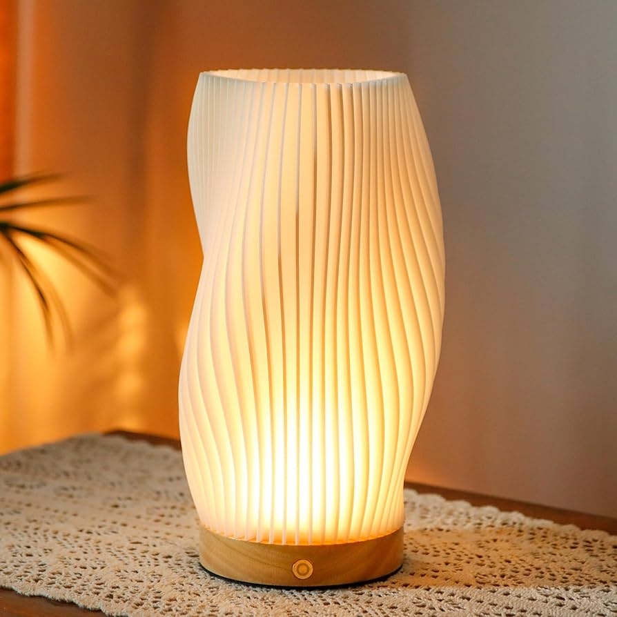 JHY DESIGN 3D Printed Touch Bedside Lamp 9 H Table Lamp 3 Color Light Source Dimmable Nightstand Lamp With Woodbase For Bedroom Living Room Indoors Outdoors Spiral Type C Charging Amazon