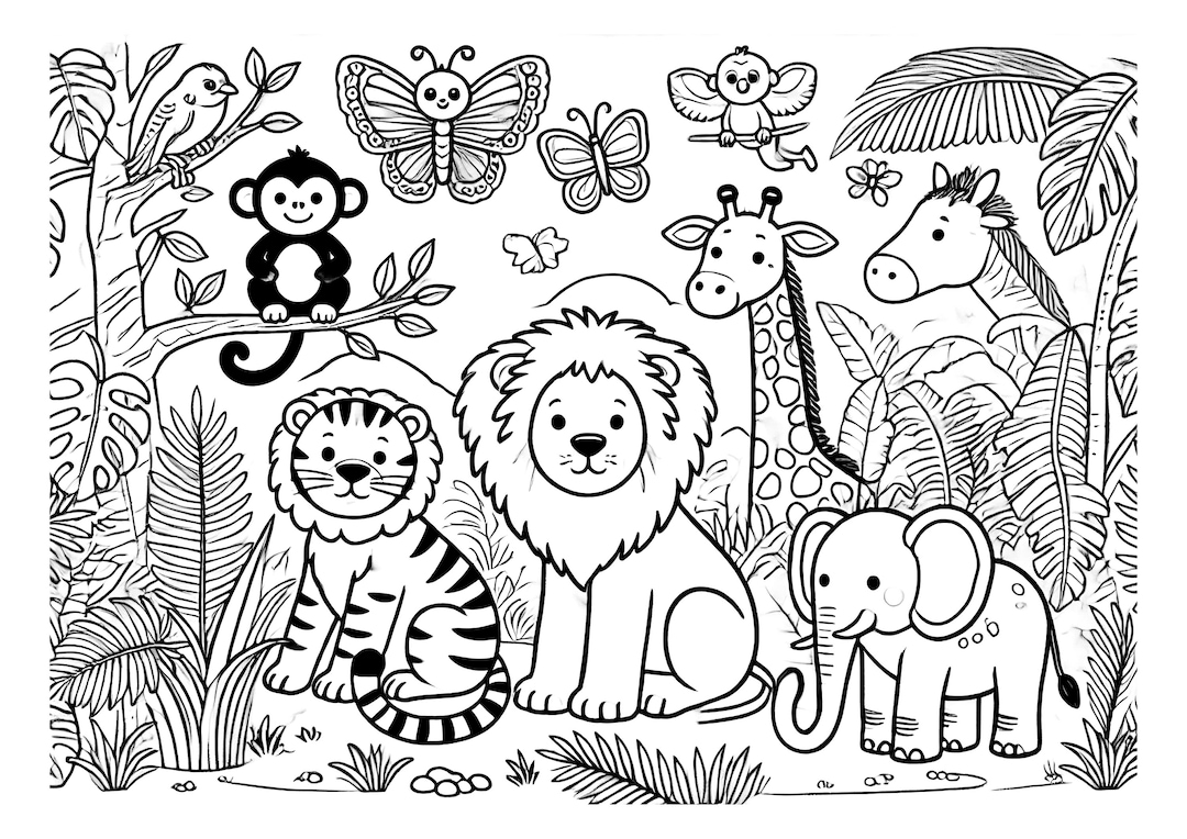 Jungle Animals Coloring Page Tiger Lion Giraffe digital Download Etsy