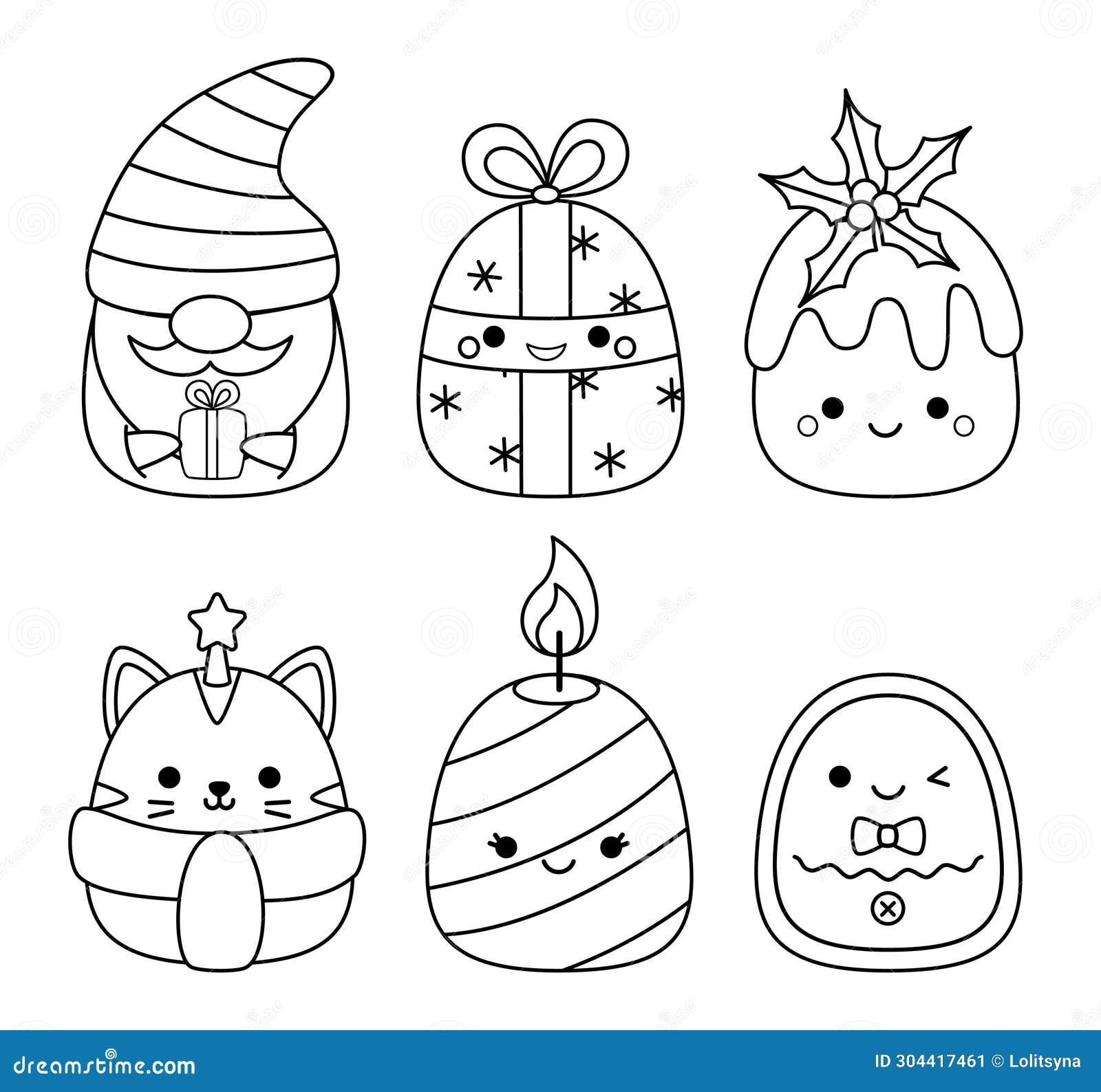Kawaii Christmas Characters Coloring Page Squishmallow Black And White Kawaii Vector Stock Vector Illustration Of Black Vector 304417461
