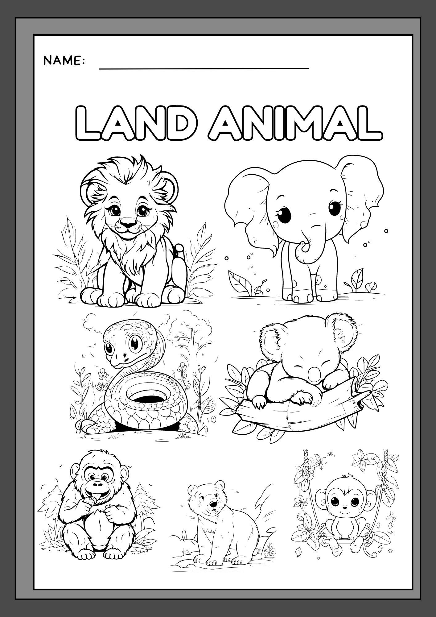 Land Animals Coloring Colorign Pages Cute Animal Coloring Book Pages Coloring Pages Pdf Etsy