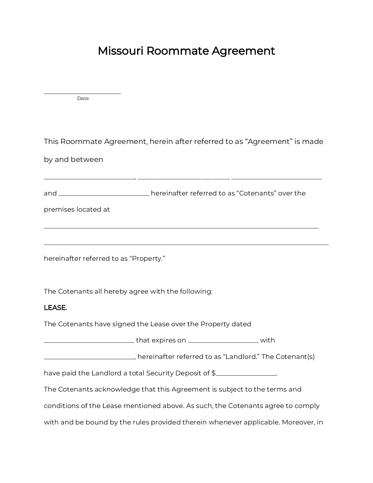 Missouri Rental Lease Agreement Template 2025 PDF DOC