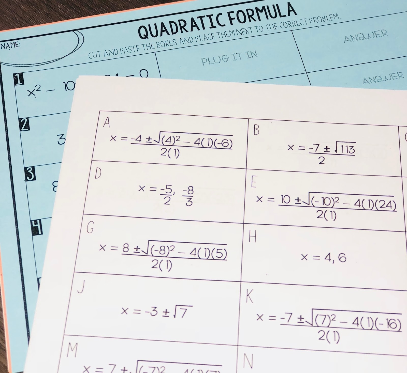 quadratic formula worksheet
