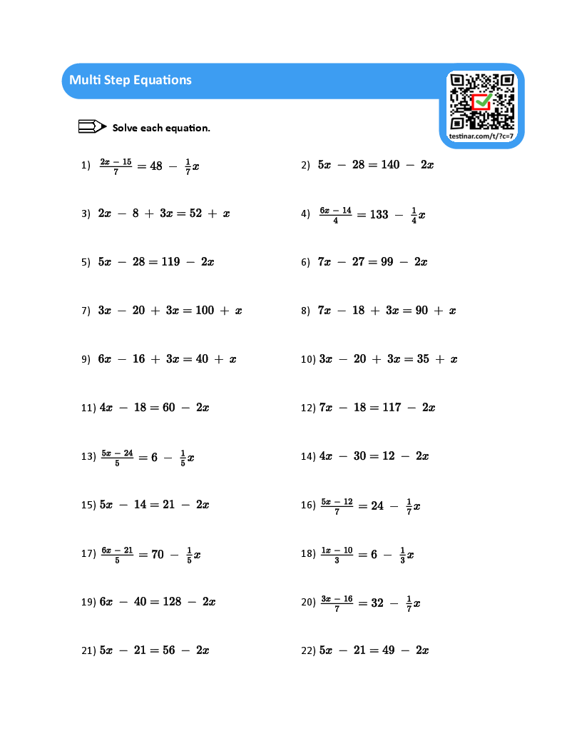 solving multi step equations worksheet
