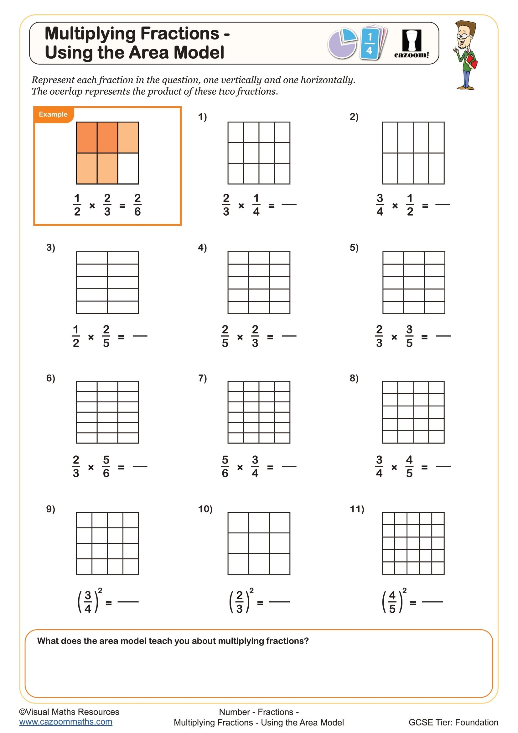 Multiplying Fractions Using Area Models Worksheet Fun And Engaging Year 8 And Year 9 Fractions Worksheet