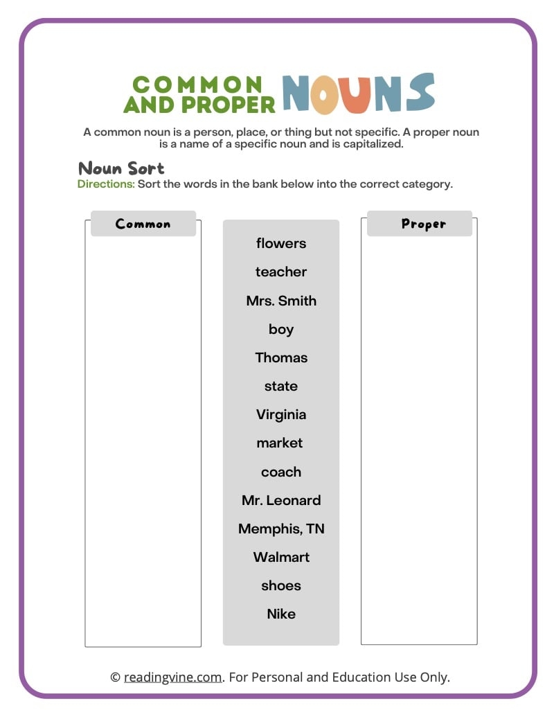 common and proper nouns worksheets