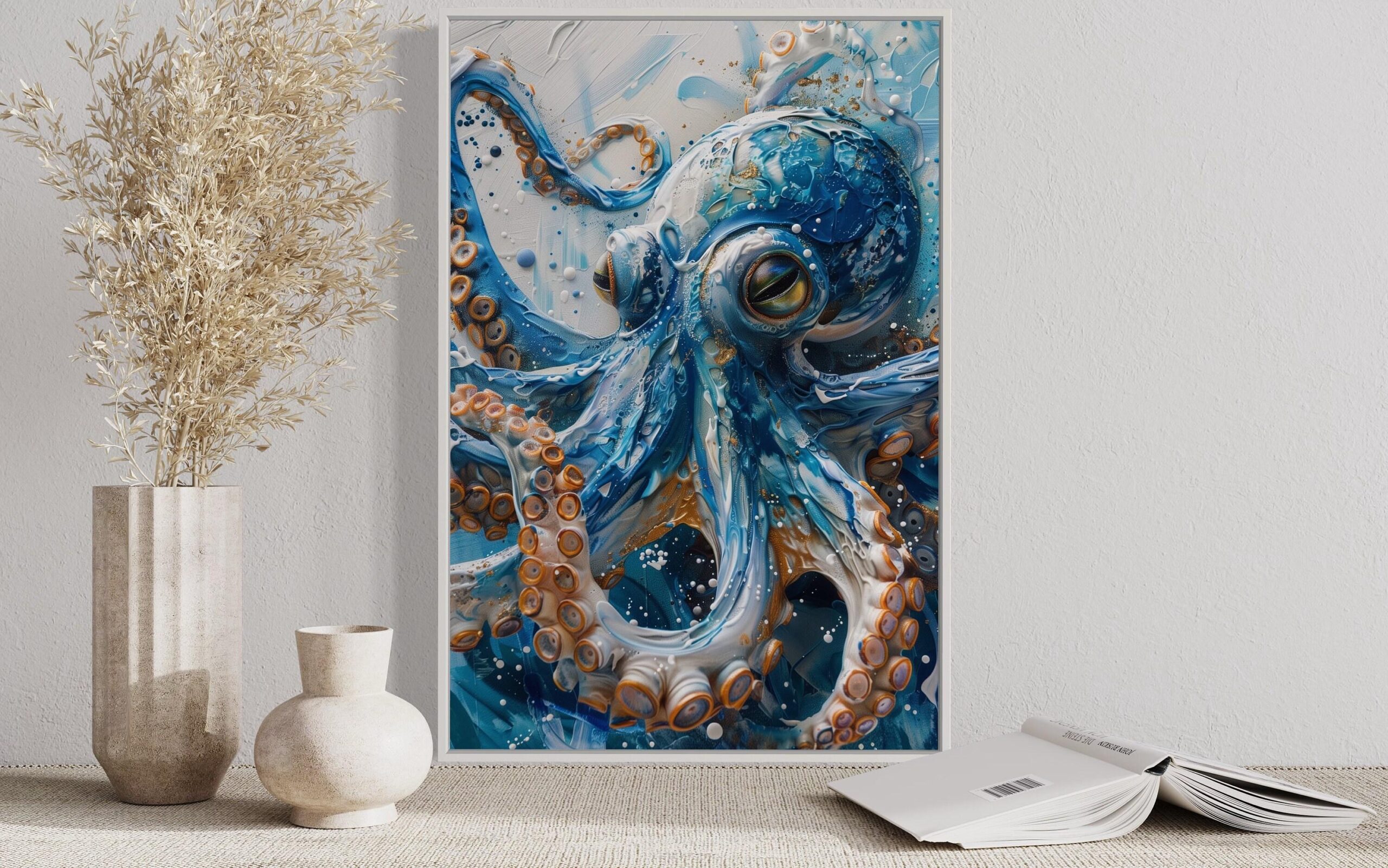 Octopus Wall Art Blue Marine Animal Painting Canvas PRINT Bathroom Wall Decor Coastal Wall Art Framed Ready To Hang Etsy
