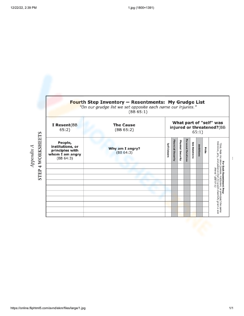 Printable 4th Step Worksheets