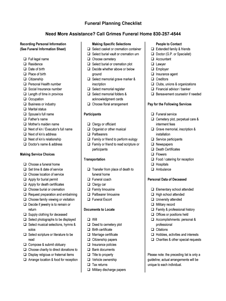 printable end-of-life checklist