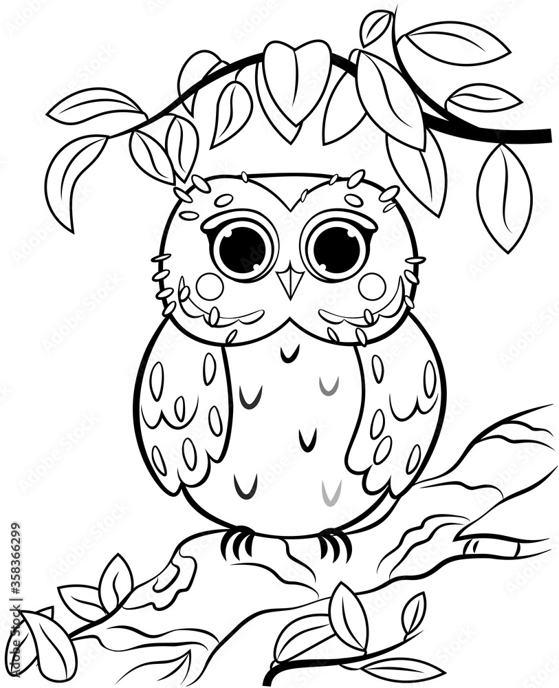 Printable Coloring Page Outline Of Cute Cartoon Owl On A Tree Branch Vector Image With Nature Background Coloring Book Of Forest Wild Animals For Kids Stock Vector Adobe Stock