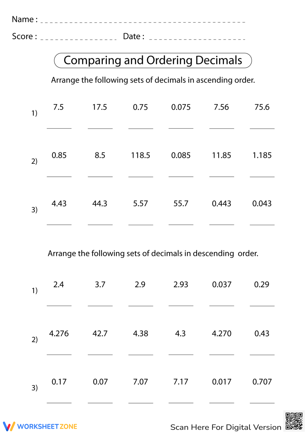 comparing decimals worksheet