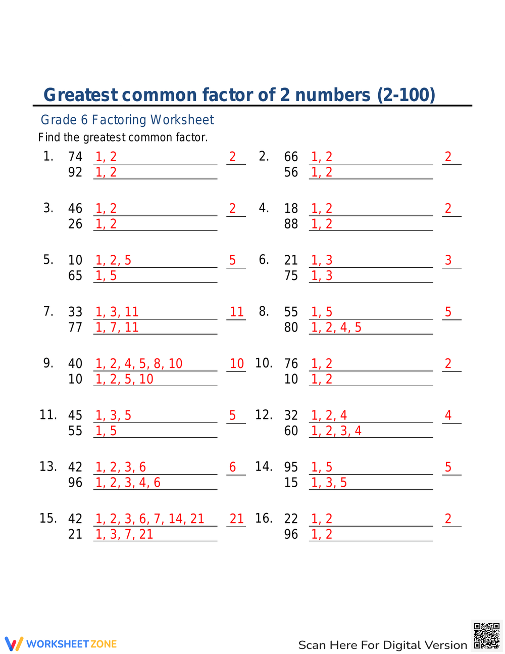 Printable Greatest Common Factor Worksheets Download