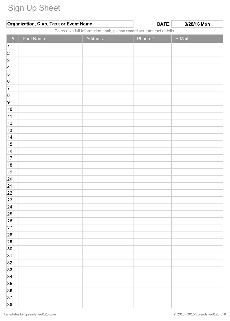 Printable Sign Up Sheet